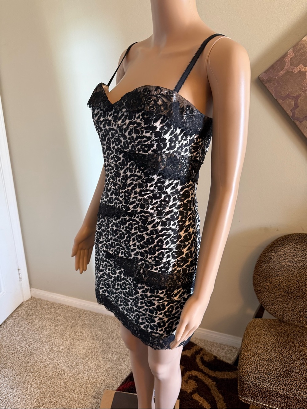bebe Black and White Leopard Lace-Trim Mini Dress